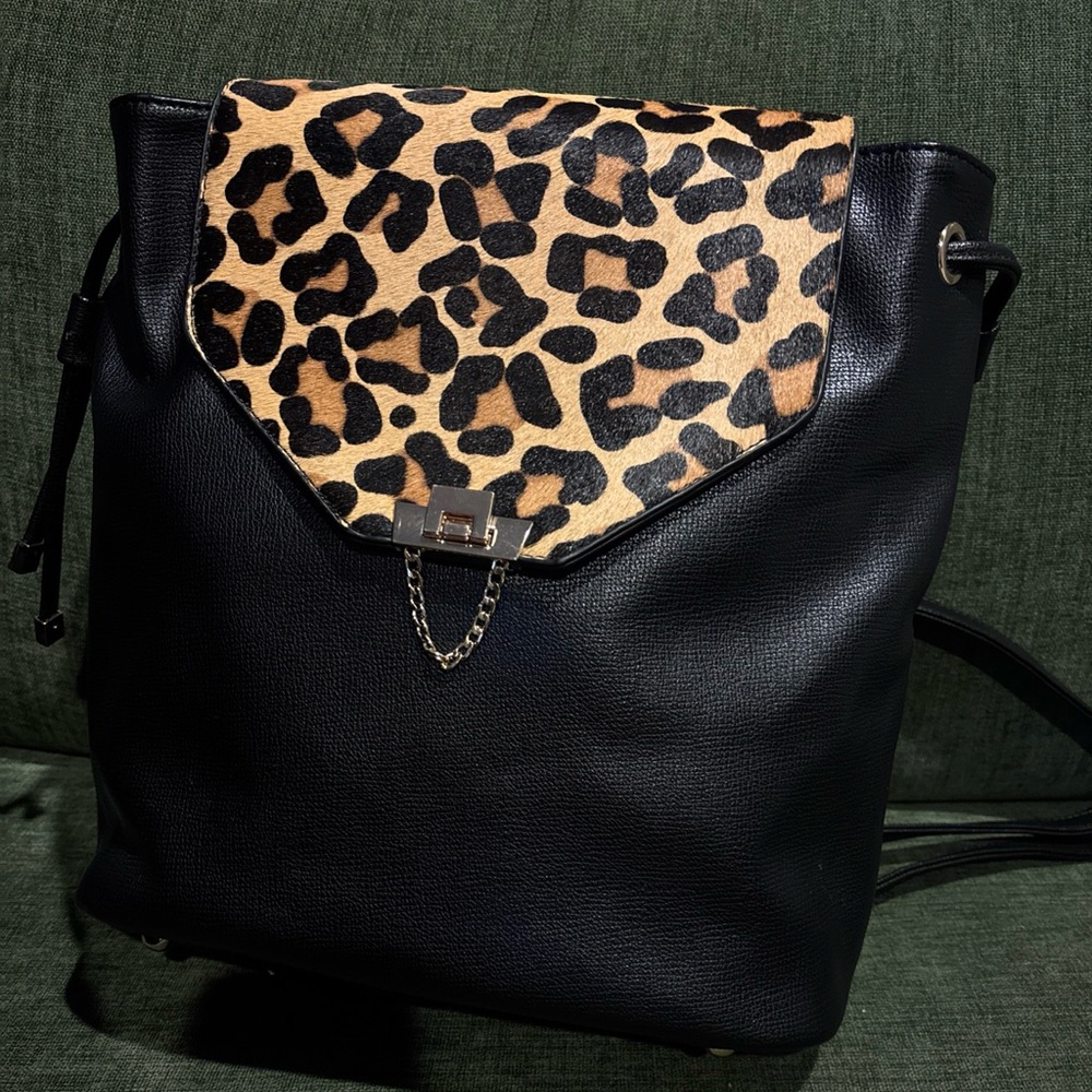Dune Womens Rucksack Backpack Purse Calf Hair Leather Animal Print Black